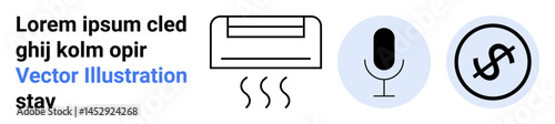 Air conditioner with airflow lines, microphone inside blue circle, and dollar symbol concept. Ideal for technology, smart devices, energy efficiency, automation, budgeting, innovation simple landing
