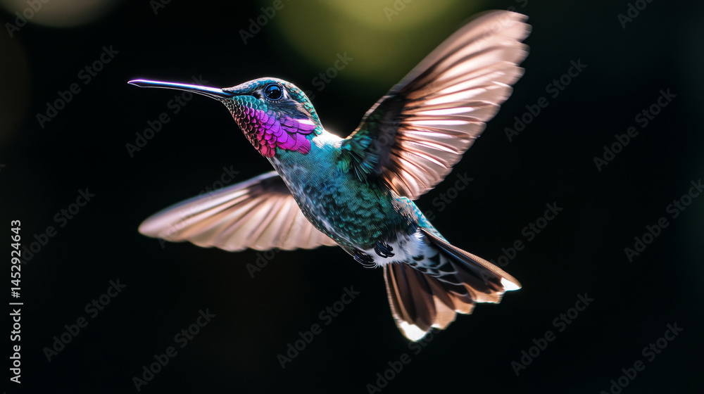 A colorful hummingbird with spread wings is flying forward