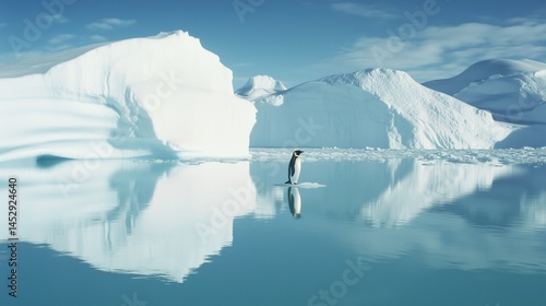 A Gentoo penguin stands on ice looking leftward