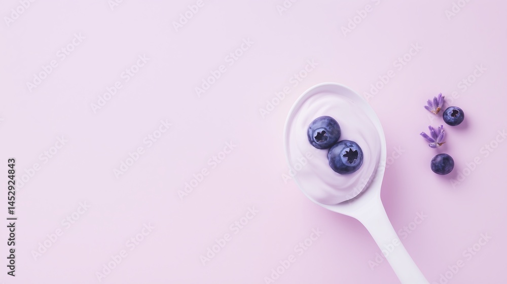 A white spoon with blueberry yogurt