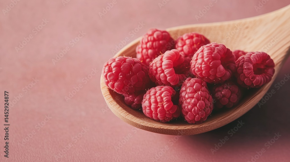 A wooden spoon holding fresh raspberries
