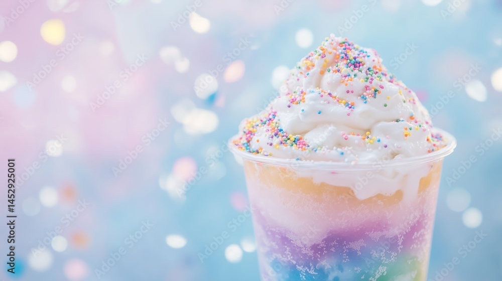 colorful rainbow slushie in clear cup, topped