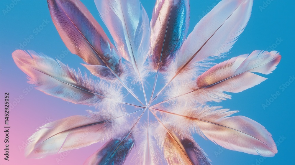Colorful feathers arranged in a radial pattern