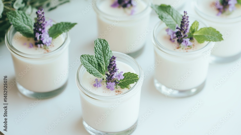 Creamy panna cotta in glass jars garnished