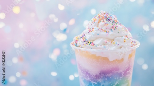 Obraz na płótnie colorful rainbow slushie in clear cup, topped w salonie