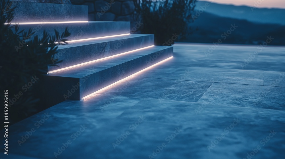 Illuminated staircase with glowing light led strip under steps