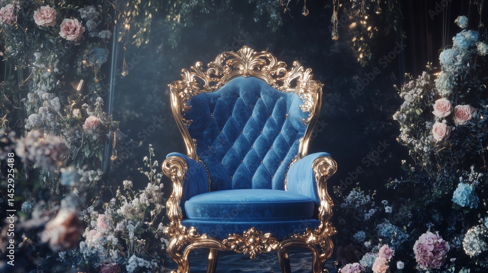 Luxurious blue throne chair in ornate golden setting