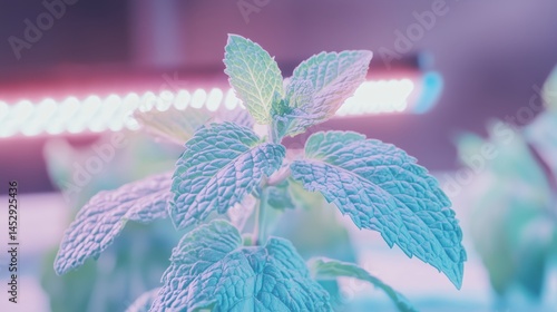 Obraz na płótnie Indoor Mint Plants Under UV Lights w salonie