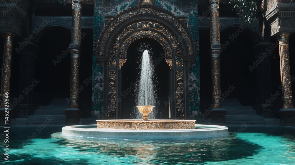 Ornate fountain cascades in ancient stone palace