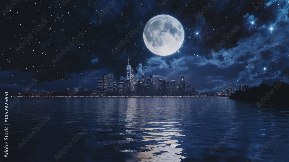 NYC Skyline at Night, Moonlit Reflecting Water