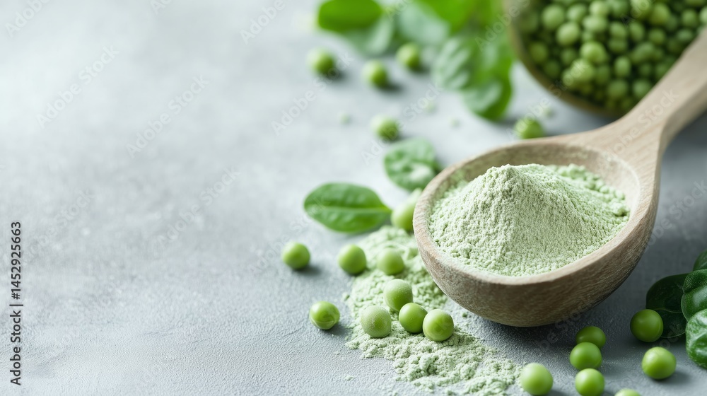 Pea flour pile, green peas, light background