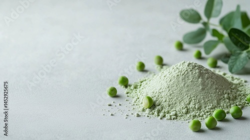 Pea flour pile, green peas, light background