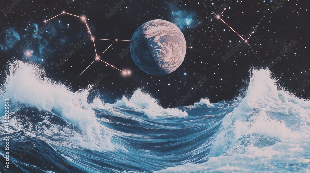 Retro cosmic collage showcasing celestial patterns