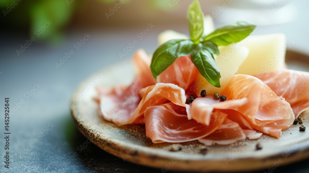 Savory Prosciutto with Fresh Melon on Rustic Plate