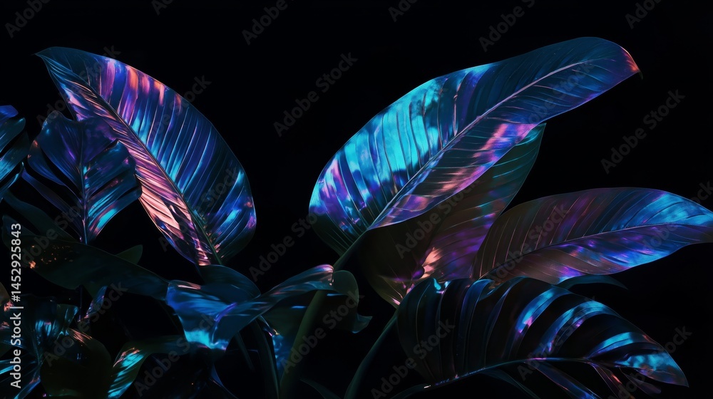 Shiny, vibrant tropical leaves in the dark