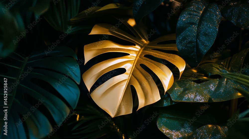 Shiny, vibrant tropical leaves in the dark