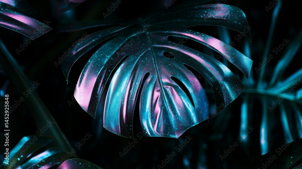 Shiny, vibrant tropical leaves in the dark