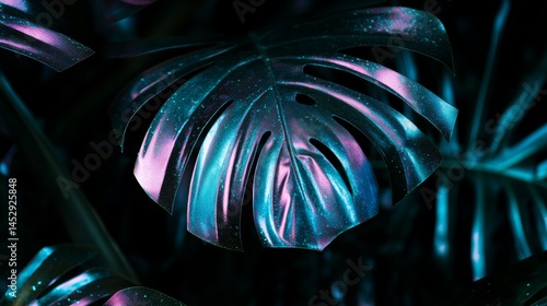 Shiny, vibrant tropical leaves in the dark