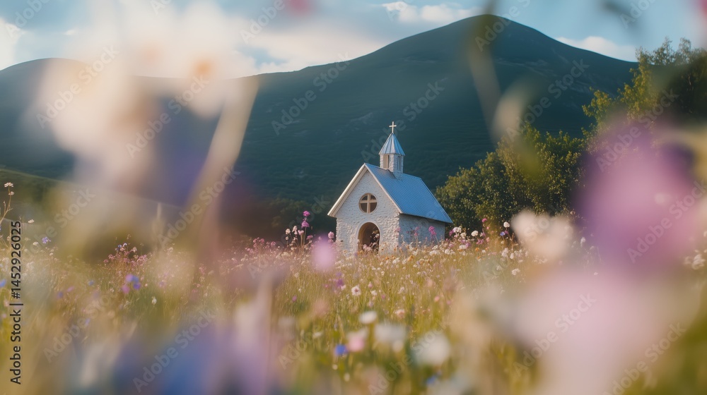 Tranquil Chapel Nestled Among Vibrant Wildflowers