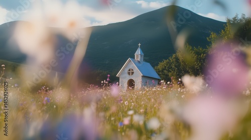 Obraz na płótnie Tranquil Chapel Nestled Among Vibrant Wildflowers w salonie