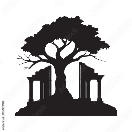 Tree Growing Through Ancient Ruins Silhouette