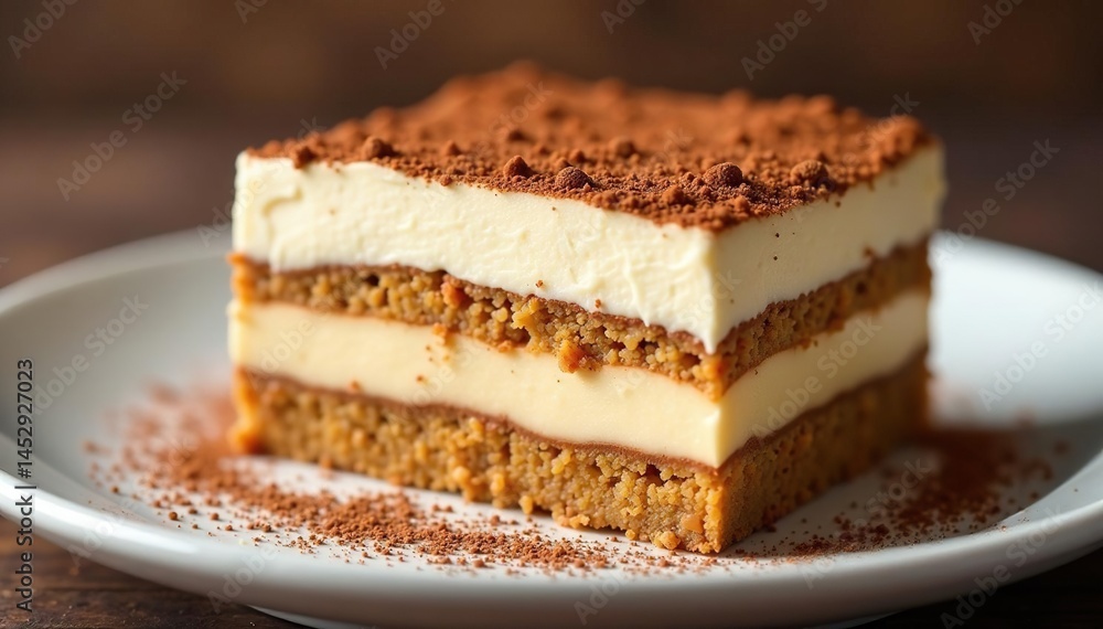 Close-up view of creamy tiramisu, dusted with cocoa , cake, mascarpone Close-up view of creamy tiramisu, dusted with cocoa , cake, mascarpone