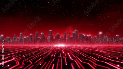 Red Cityscape Glowing Lines - Futuristic cityscape at night, glowing red lines converging towards the city, symbolizing technology, progress, connection, innovation, and future