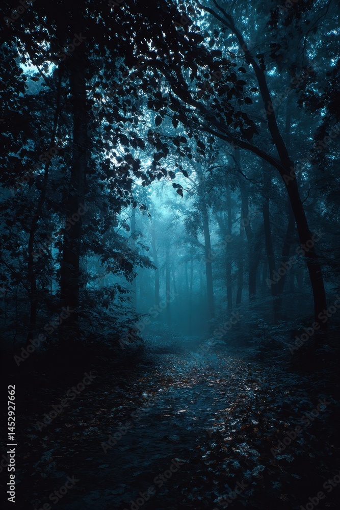 Fototapeta premium Eerie forest path shrouded in mystical fog illuminated by ethereal light creating a serene atmosphere with tall trees and fallen leaves in a tranquil scene