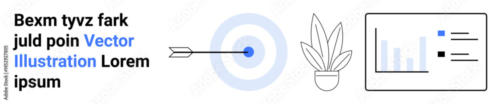 Bullseye arrow on target, potted plant, analytics chart highlighting precision, growth, efficiency. Ideal for strategy, goal setting, marketing, productivity planning teamwork flat landing page Bullseye arrow on target, potted plant, analytics chart highlighting precision, growth, efficiency. Ideal for strategy, goal setting, marketing, productivity planning teamwork flat landing page