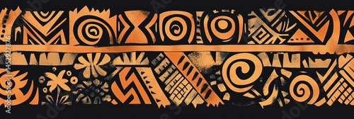 Traditional Hawaiian tribal pattern featuring bold geometric shapes and symbols in a vivid orange and black palette with a handcrafted texture