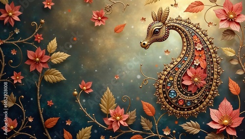 Subtle paisley motif, muted earth tones, soft focus, delicate, organic, wallpaper