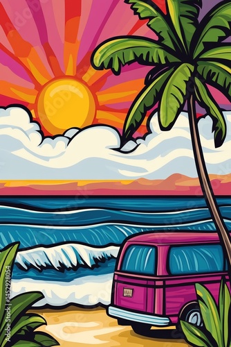 Bold pop art-style scene of a tropical beach at sunset with a pink van, palm trees, crashing waves, and a radiant sunburst sky