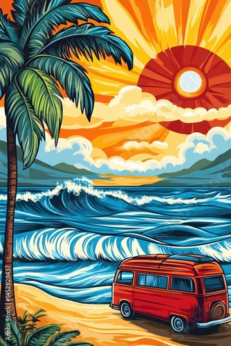 Vibrant pop art-style illustration of a tropical beach with crashing waves, a palm tree, blazing sun, and red van on the shore