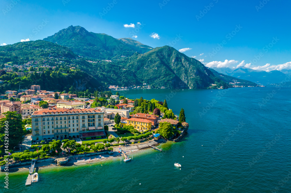 Obraz premium Menaggio, Como Lake. Aerial panoramic view Menaggio town surrounded by mountains and located in Como Lake, Lombardy, Italy