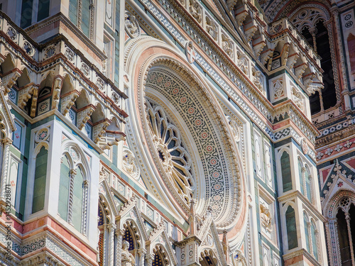 Cathedral of Santa Maria del Fiore. Fragments and elements of Florence Duomo basilica facade. Close up dome photo