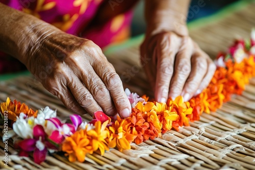 Elderly Hawaiian hands skillfully threading vibrant orange and magenta flowers into a traditional lei on a woven mat