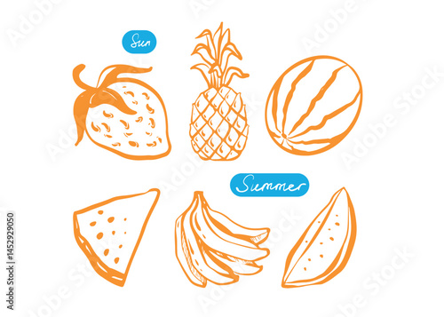 Hand drawn summer fruits and berries in orange color. Illustration of bananas, strawberries, pineapple, watermelon and melon. Summertime line icon vector set