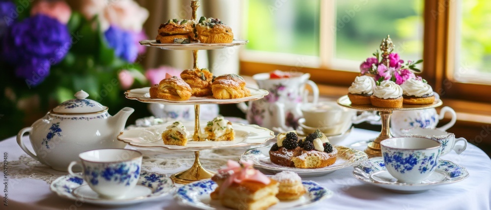 Naklejka premium Elegant afternoon tea arrangement with pastries, cakes, and floral accents on a white tablecloth creating a refined and inviting atmosphere perfect for a delightful gathering