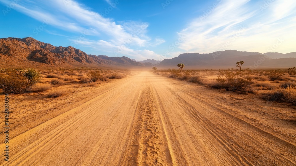 Fototapeta premium This stunning desert scene showcases a vast sandy road leading through an arid landscape, surrounded by rugged mountains and unique Joshua trees, evoking feelings of serenity and adventure.