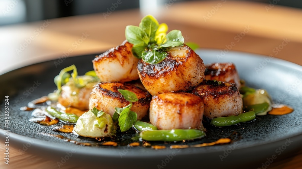A sophisticated presentation of grilled scallops creatively garnished with herbs and vibrant accents, highlighting modern culinary art and high-level dining experience. A sophisticated presentation of grilled scallops creatively garnished with herbs and vibrant accents, highlighting modern culinary art and high-level dining experience.