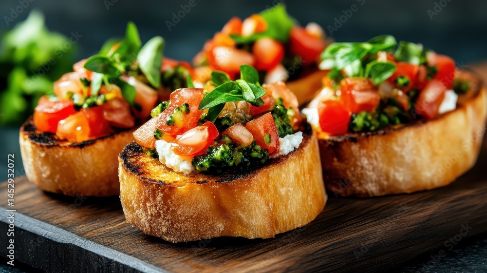 This vibrant tomato bruschetta showcases a combination of fresh tomatoes, herbs, and cheese layered on toasted bread, revealing a culinary artwork on a wooden platter. This vibrant tomato bruschetta showcases a combination of fresh tomatoes, herbs, and cheese layered on toasted bread, revealing a culinary artwork on a wooden platter.