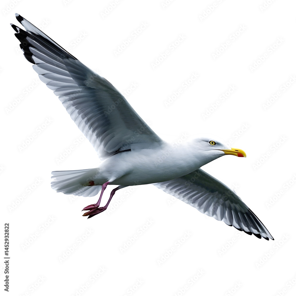 Obraz premium Seagull in Flight bird nature animal and wing feather of wildlife isolated on transparent or white background.
