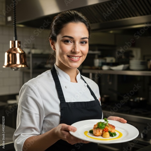 Professional female chef presenting her signature dish
