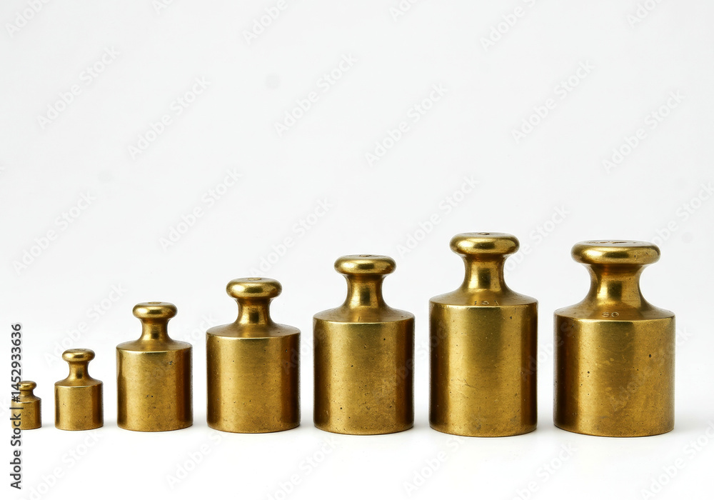 Set of brass balance weights on white Set of brass balance weights on white