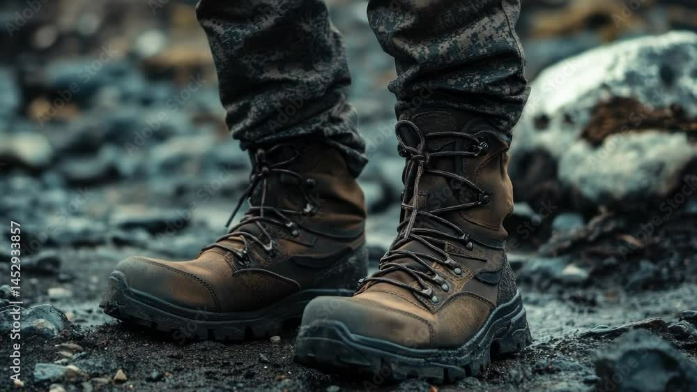 A close-up view of a pair of boots on a rugged rocky terrain A close-up view of a pair of boots on a rugged rocky terrain