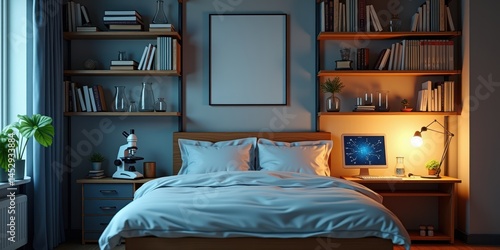 Cozy Bedroom Setup with Study Nook and Bookshelves