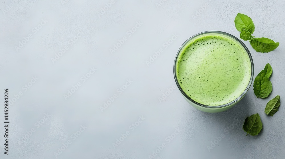 An artistic top view featuring a green smoothie glass adorned with mint leaves and a subtle texture, showcasing refreshing vitality against a simplistic backdrop. An artistic top view featuring a green smoothie glass adorned with mint leaves and a subtle texture, showcasing refreshing vitality against a simplistic backdrop.