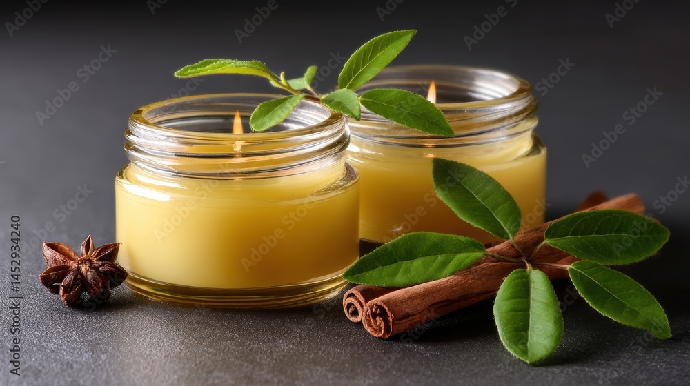Aromatic candles with cinnamon sticks and anise star create a cozy and relaxing atmosphere perfect for wellness and aromatherapy in a serene setting Aromatic candles with cinnamon sticks and anise star create a cozy and relaxing atmosphere perfect for wellness and aromatherapy in a serene setting