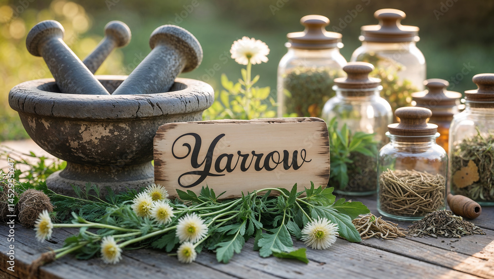 sign with inscription yarrow, fresh herbs on table, sunny day