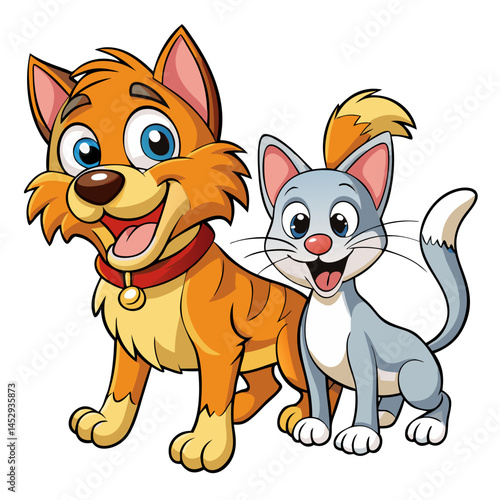 Playful Cartoon Cat and Dog Together Vector for Pet Care Products and Storybook Art